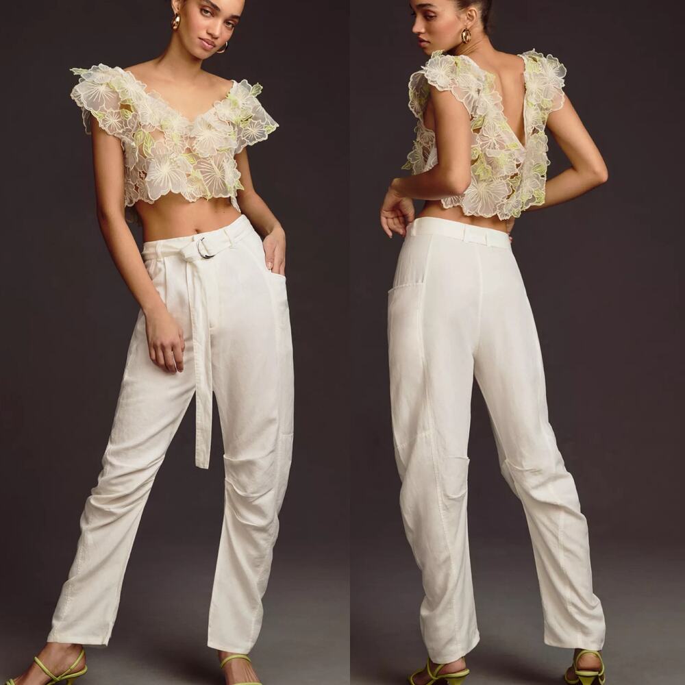 Anthropologie Pilcro Tucked-Knee Linen Trouser Pants Women's 33 Ivory Cream NEW